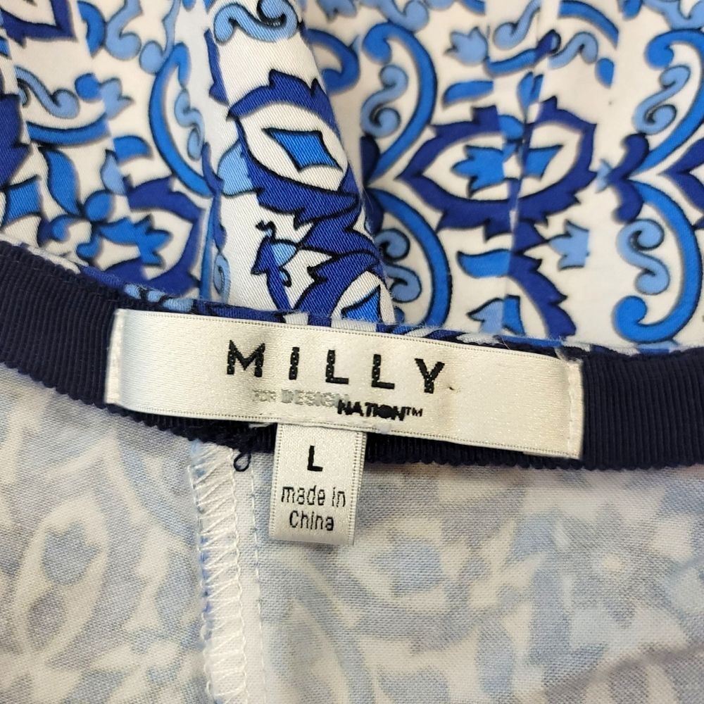 Milly Tile Print A-line Pleated Circle Skirt in Blue Combo Size Large - Picture 6 of 9